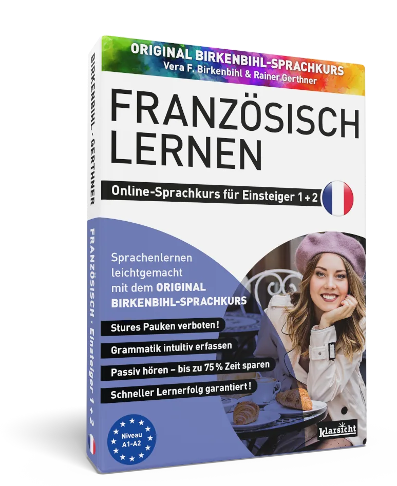 Produktbox des Original Birkenbihl-Sprachkurs Französisch mit Frau mit Croissants