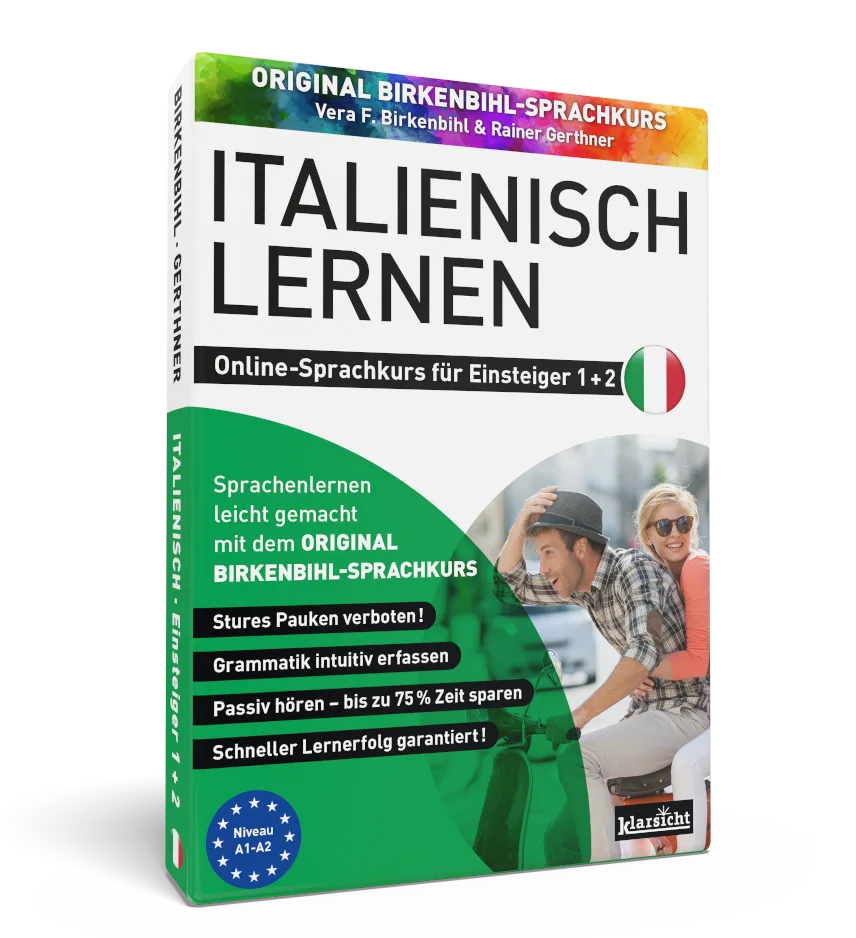 Produktcover Original Birkenbihl-Sprachkurs Italienisch Lernen, zeigt Paar auf Vespa mit Regenbogen-Banner