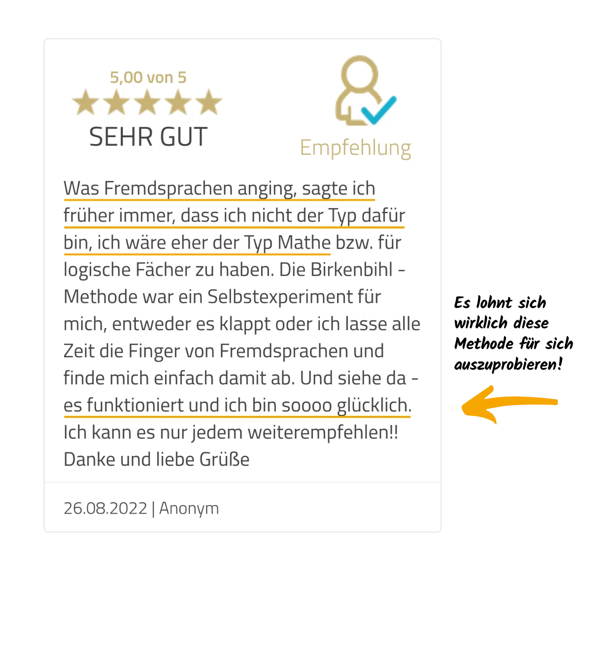 5-Sterne-Kundenbewertung für Birkenbihl-Sprachkurs, Nutzer ist glücklich, dass Sprachenlernen funktioniert, obwohl er sich da