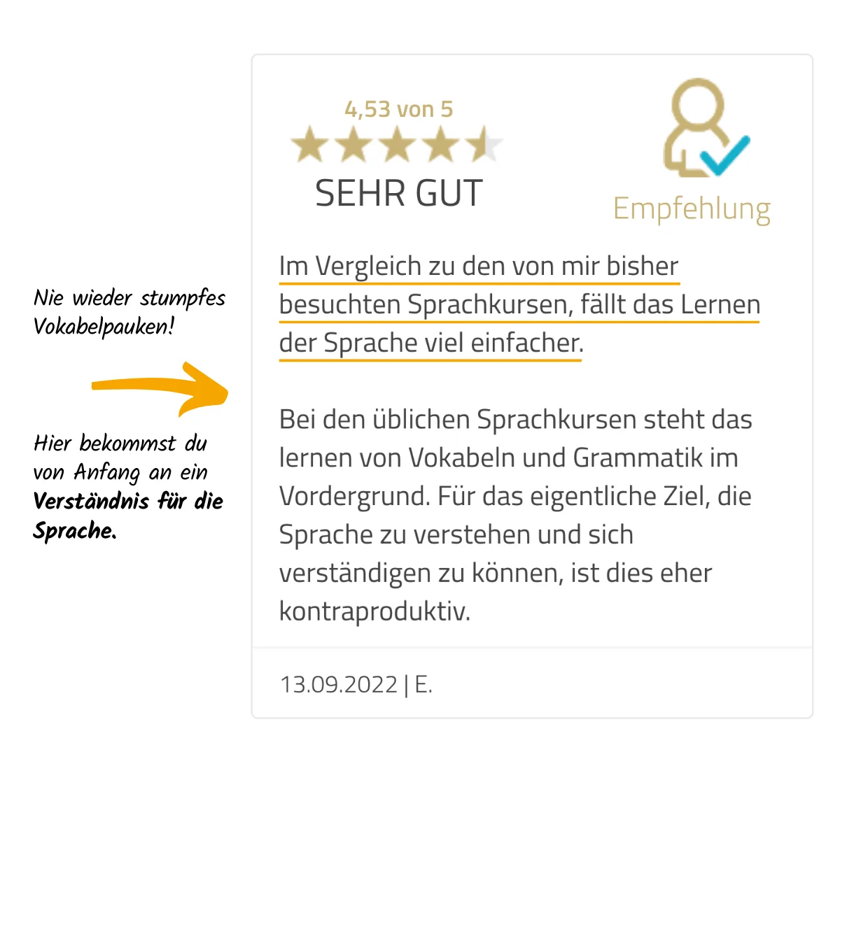 4,5-Sterne-Kundenrezension: Kunde E. lobt Birkenbihl-Methode als einfacher als übliche Sprachkurse