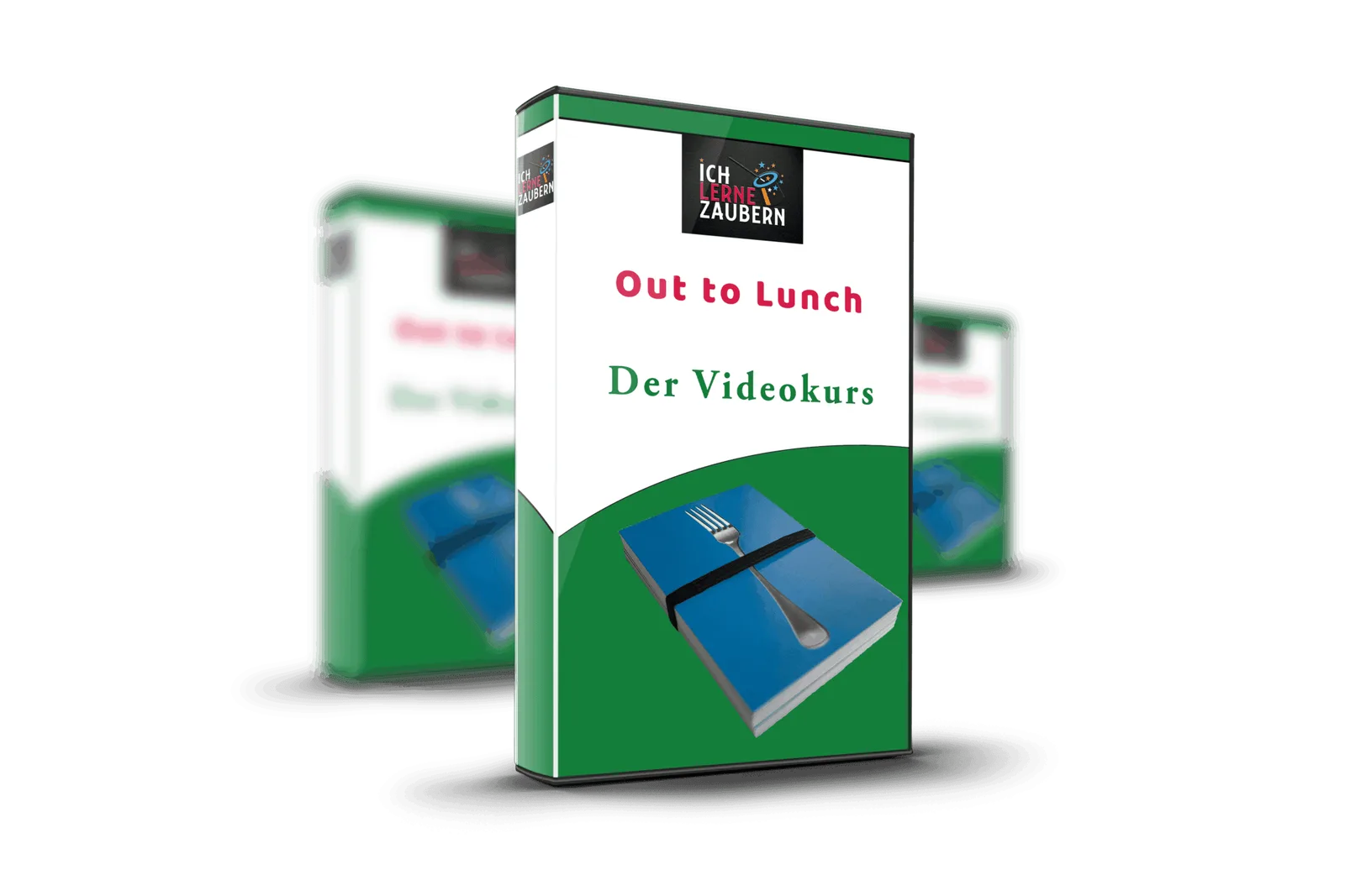 Out to Lunch Der Videokurs - 3D Produktmockup mit grüner Verpackungsbox und Buch-Cover-Design