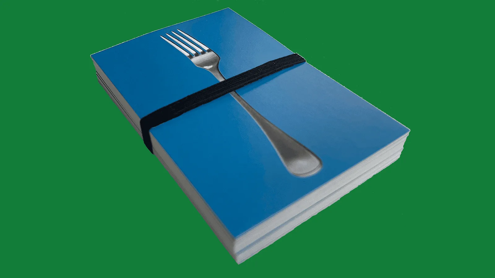 Out to Lunch Videokurs Cover mit blauem Buch, schwarzem Band und Gabel-Löffel-Besteck auf grünem Hintergrund