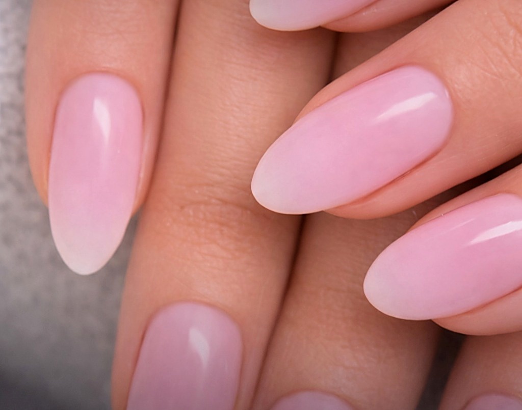 Detailaufnahme von professionell gestalteten ovalen Nägeln in zartem Rosa mit weißer Spitze