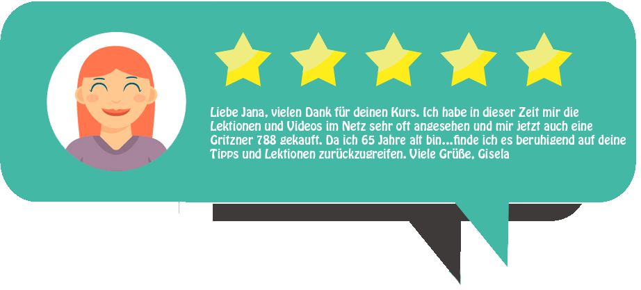 Fünf-Sterne-Kundenbewertung von Gisela zum Overlock-Kurs mit Feedback zu Lektionen und Videos