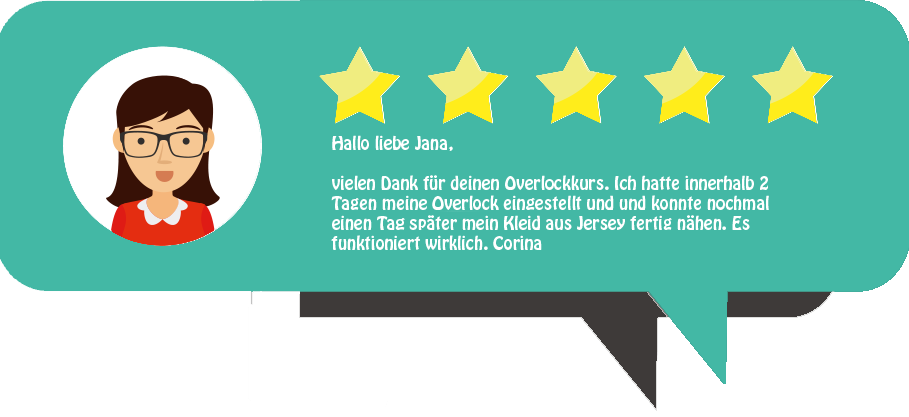 Fünf-Sterne-Kundenbewertung für Overlock-Kurs von Corinna mit Text zum erfolgreichen Lernen