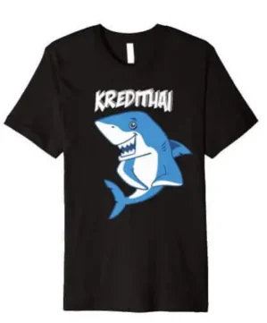 Schwarzes T-Shirt mit Kredithai-Grafik und blauem Hai-Design