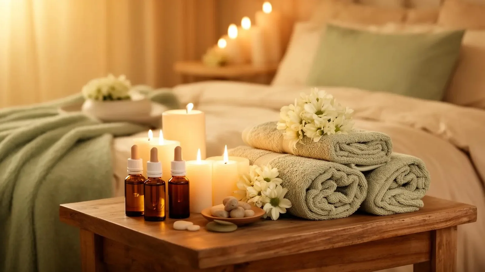Wellness-Arrangement mit Kerzen, ätherischen Ölen, Handtüchern und Blüten auf Holztisch im Schlafzimmer