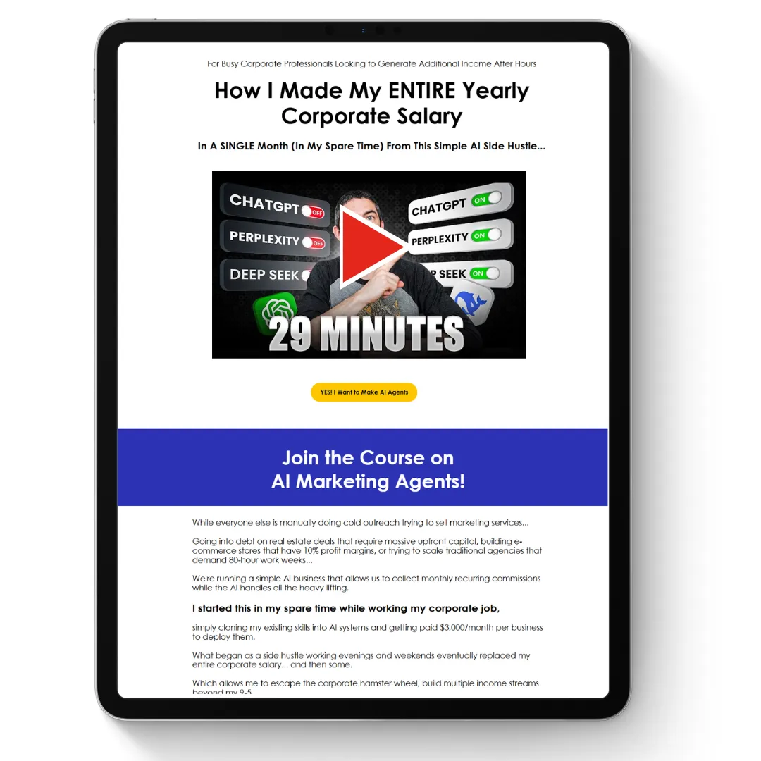 Sales Page für AI Marketing Agents Kurs mit Video-Thumbnail und Call-to-Action zum Kurs-Beitritt