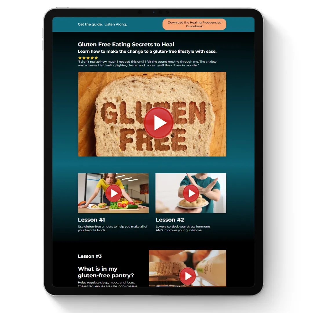 Sales Page für Gluten-Free Eating Guide mit Video-Lektionen und Testimonial