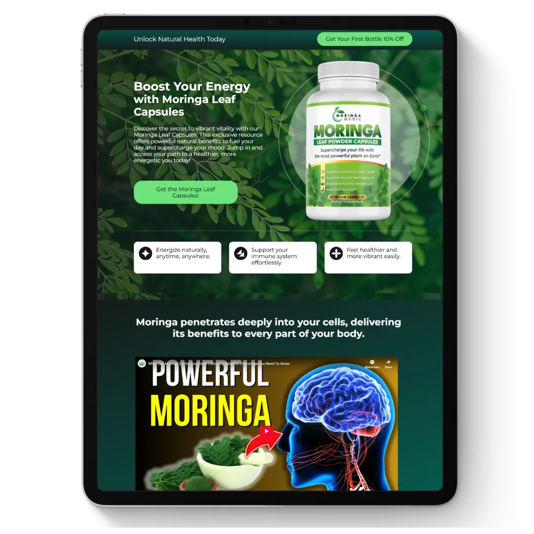 Moringa Leaf Capsules Sales Page mit grünem Design und Produktfoto auf Tablet