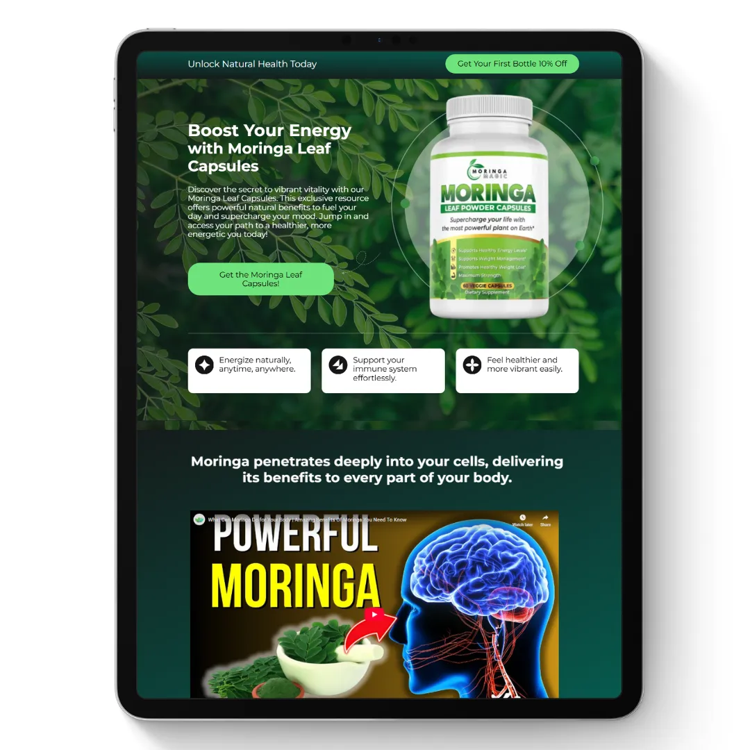 Moringa Leaf Capsules Sales Page Variante mit grünem Hintergrund und Produktfoto