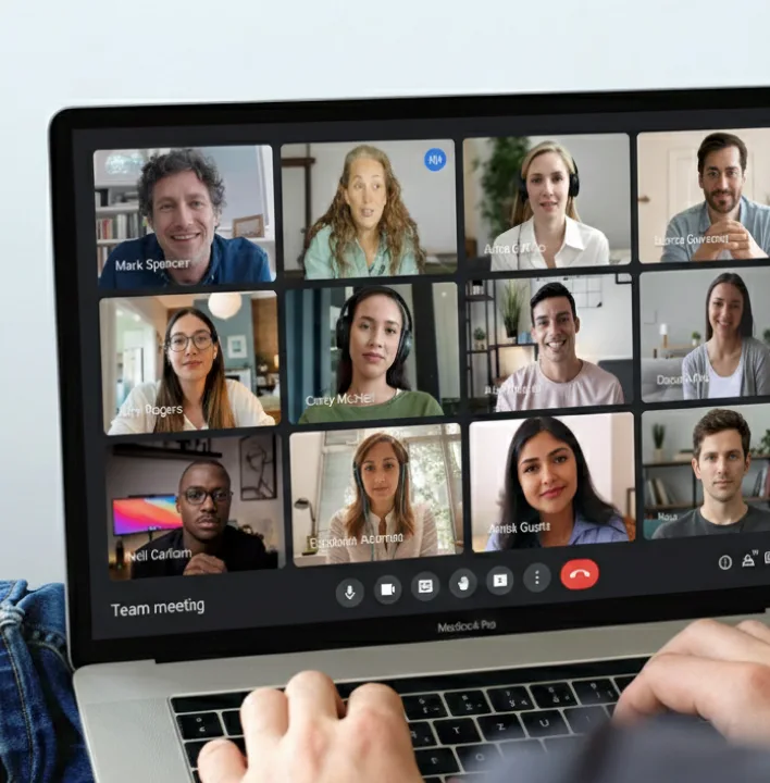 Video-Konferenz Screenshot mit 12 Teilnehmern in Zoom-Meeting auf Laptop