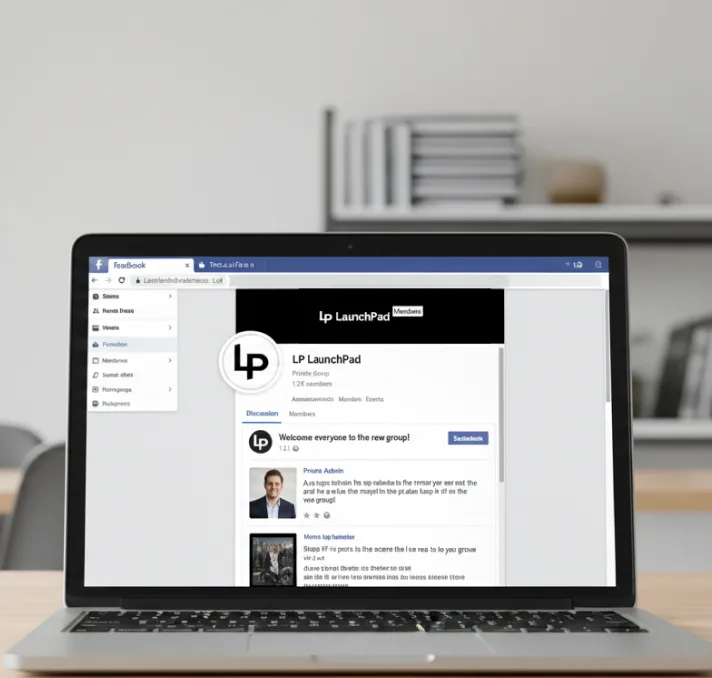 Laptop mit LP LaunchPad Facebook Group Seite auf dem Bildschirm