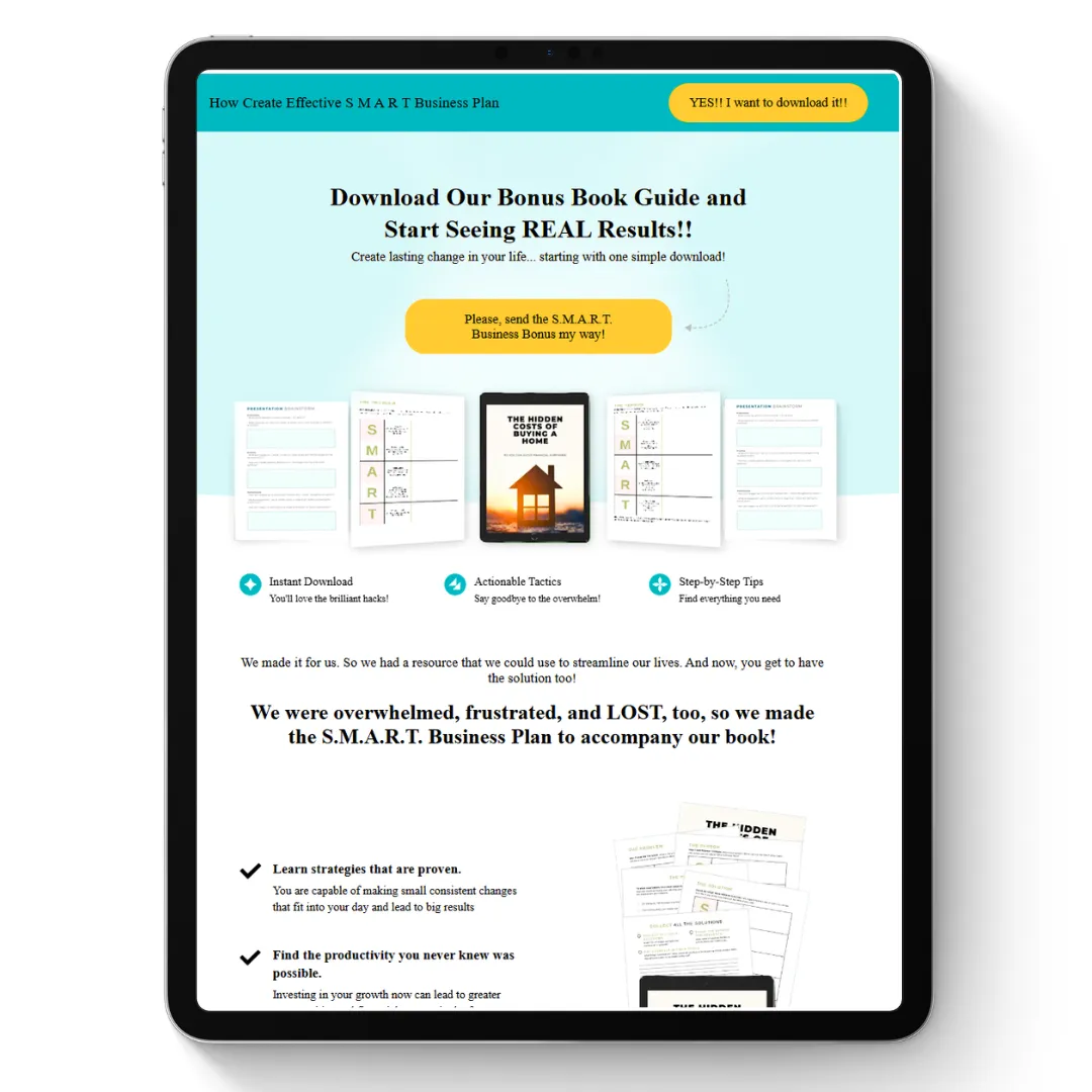 Sales Page für SMART Business Plan Bonus-Guide mit Download-Buttons und Buch-Cover