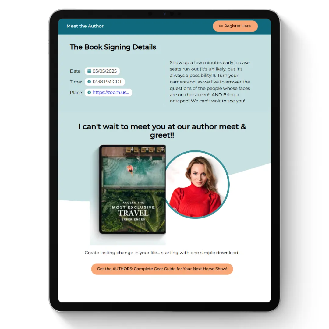 Sales Page mit Buch-Signing-Details, Autorin-Foto und Travel-Guide-Cover für Online-Event