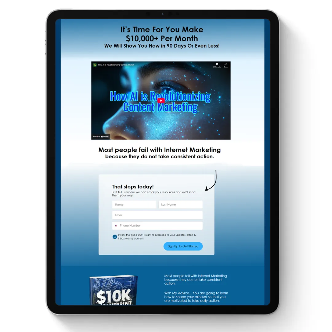 Sales Page für Internet Marketing Kurs mit Anmeldeformular und Video-Thumbnail zum Content Marketing