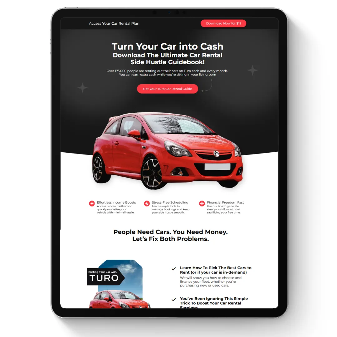 Sales Page für Turo Car Rental Side Hustle Guide mit rotem Auto und Download-Button