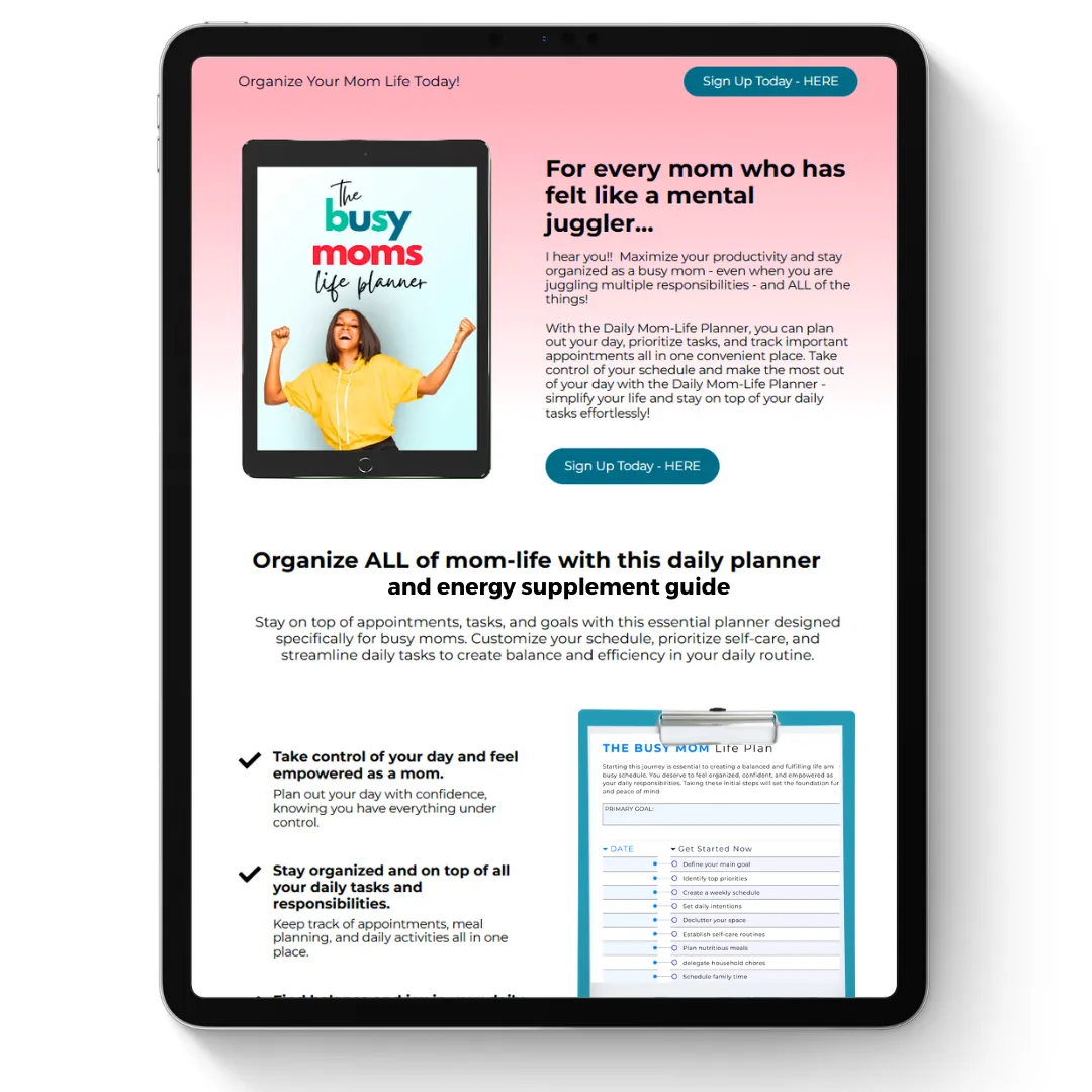 Sales Page für Busy Moms Life Planner mit Tablet-Mockup und Anmeldungs-CTA