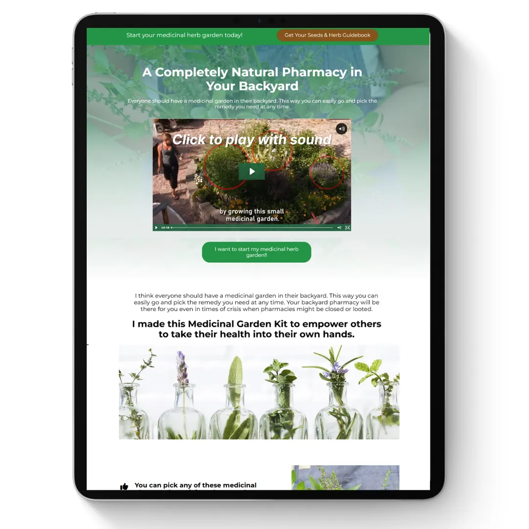 Sales Page für Medicinal Garden Kit mit Video und Heilkräuter-Informationen
