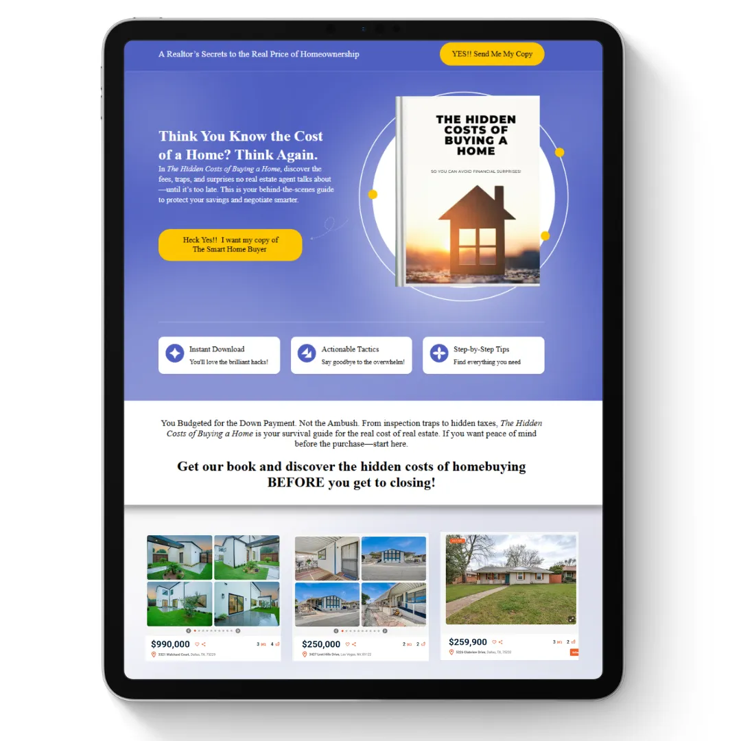Sales Page für Hidden Costs of Homebuying Book mit Immobilien-Fotos und Download-CTA