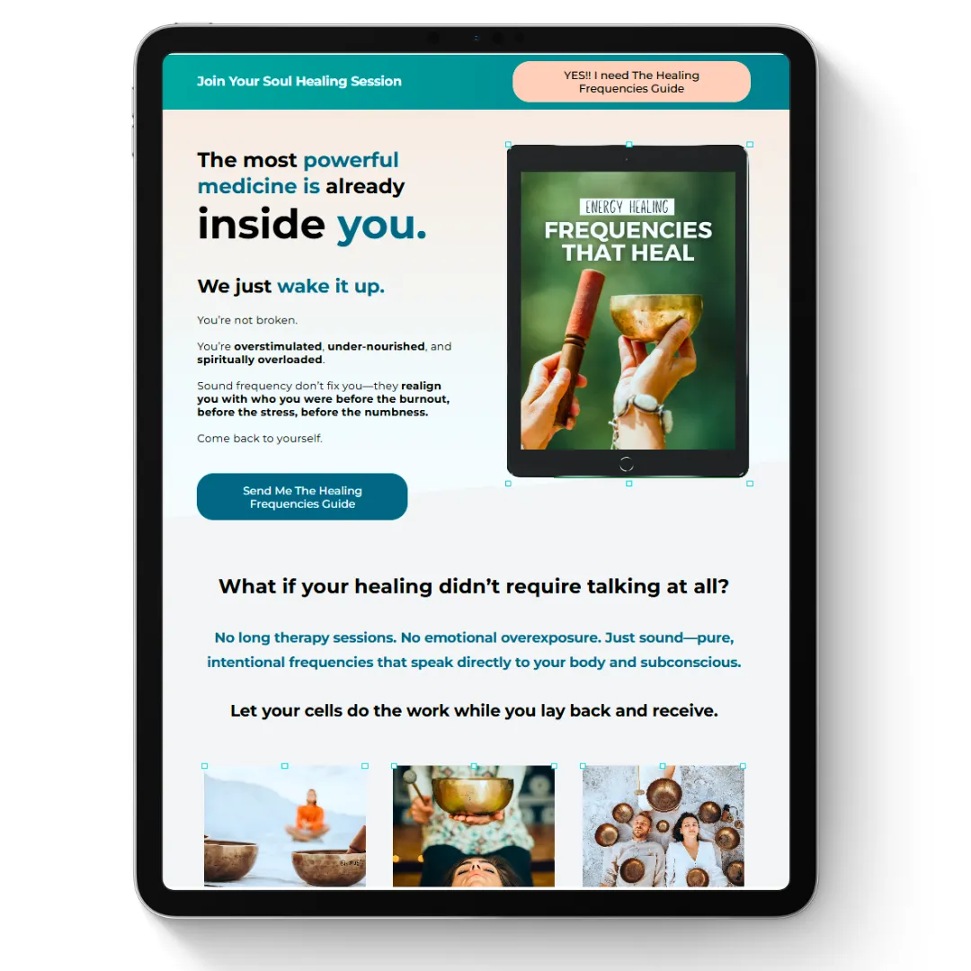 Sales Page für Energy Healing Frequencies Guide mit Tablet-Mockup und Wellness-Fotos