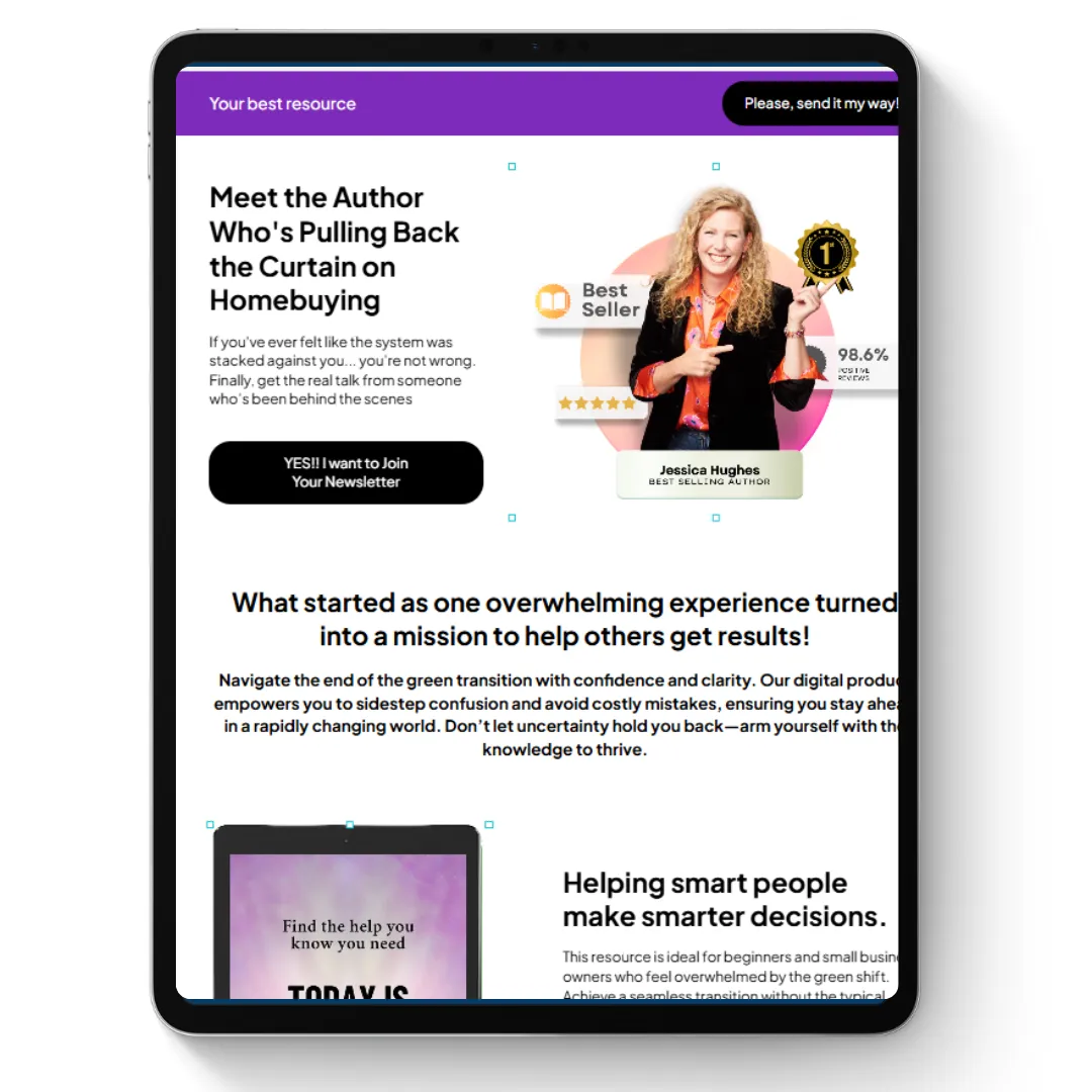 Sales Page Hero-Abschnitt mit Autorin Jessica Hughes, Best-Seller-Badge und Newsletter-Anmeldung zu Homebuying-Thema