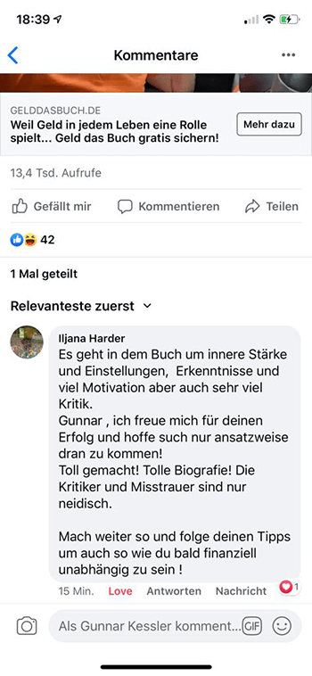 Paket XL – Mentoring für digitale Infoprodukte von Gunnar Kessler 4 Facebook-Kommentar Iljana Harder über Gunnar Kesslers Buch und Coaching