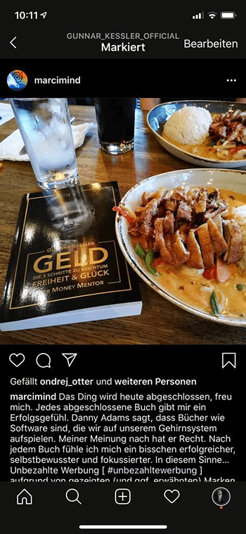 Paket XL – Mentoring für digitale Infoprodukte von Gunnar Kessler 5 Instagram-Post marcimind mit GELD-Buch und Essen, Kundenerfahrung Gunnar Kessler