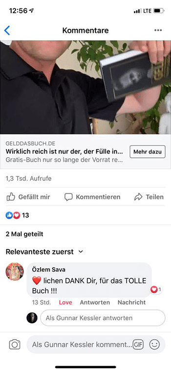 Paket XL – Mentoring für digitale Infoprodukte von Gunnar Kessler 6 Facebook-Kommentar Özlem Sava, positive Bewertung von Gunnar Kesslers Buch