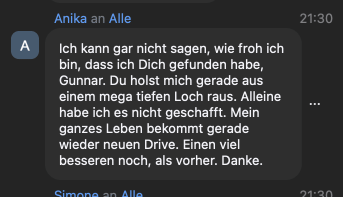 Paket XL – Mentoring für digitale Infoprodukte von Gunnar Kessler 7 Messenger-Nachricht Anika, Kundenstimme über Gunnar Kesslers Coaching-Wirkung