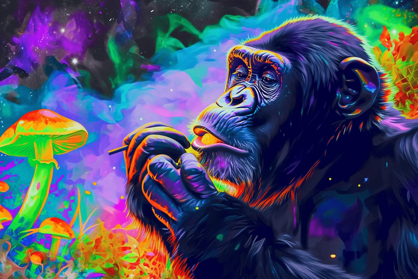 Bunte psychedelische Illustration eines Affen mit leuchtenden Pilzen und kosmischem Hintergrund