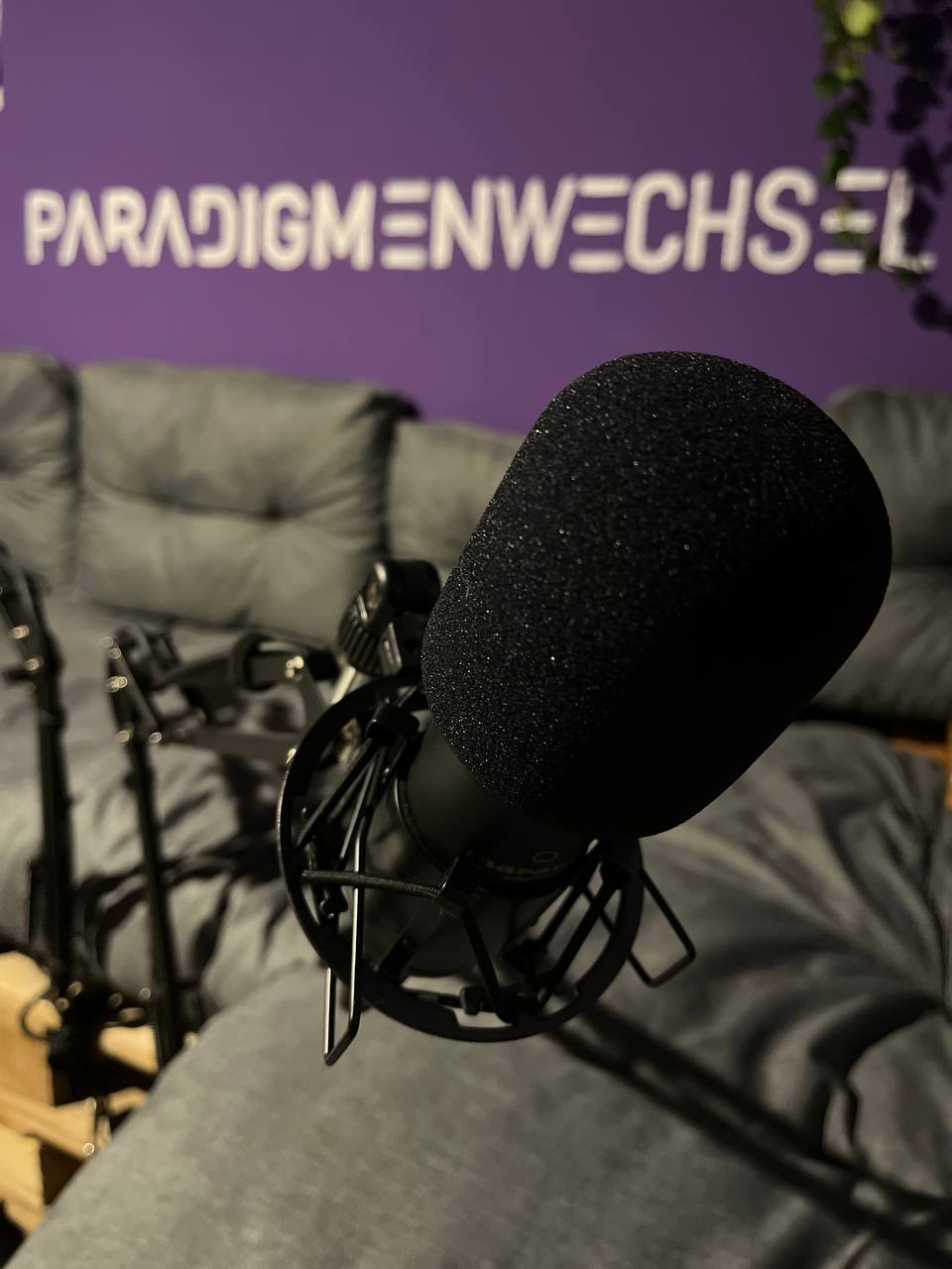 Großaufnahme eines schwarzen Studiomikrofons vor lila Hintergrund mit der Aufschrift PARADIGMENWECHSEL