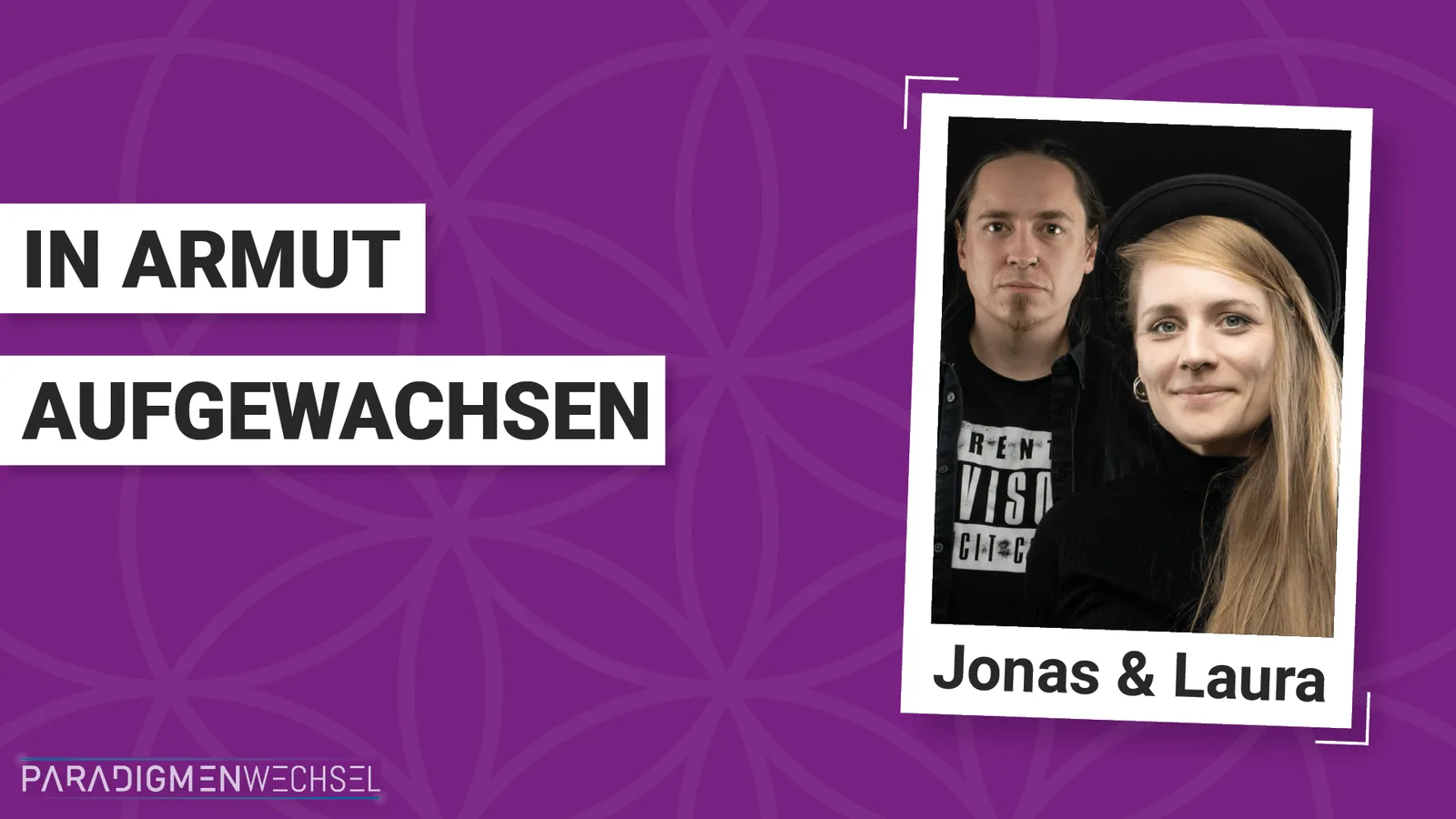 Porträt von Jonas und Laura nebeneinander, auf lila Hintergrund mit weißem Rahmen und Text