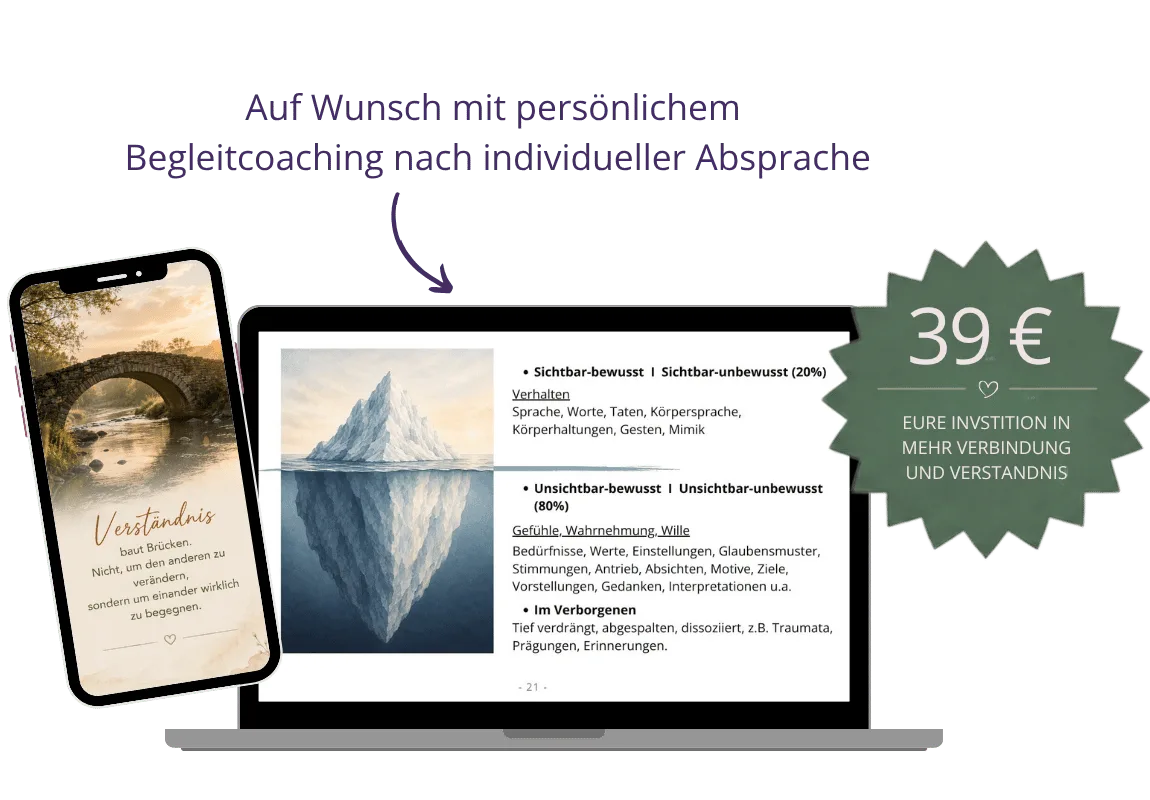 Partnerschaft in Balance – Workbook für Paare von Ayla Germann 4 Mockup mit Smartphone und Laptop zeigt Workbook-Inhalte und Coaching-Angebot für 39 Euro