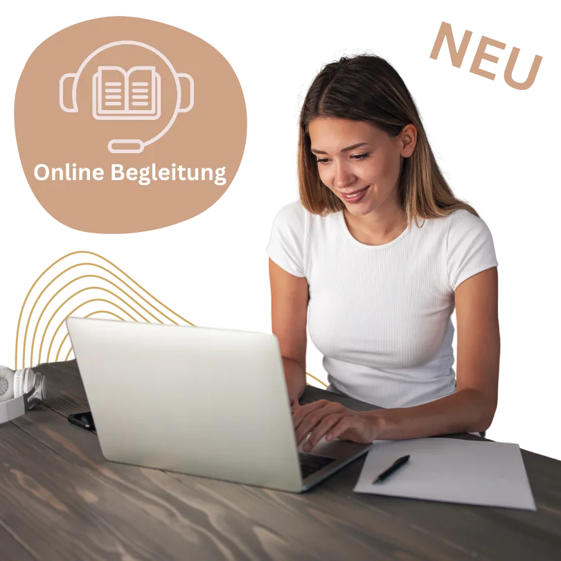 Partnerschaft in Balance – Workbook für Paare von Ayla Germann 6 Frau am Laptop mit Symbol für Online Begleitung, Neuetikett rechts oben