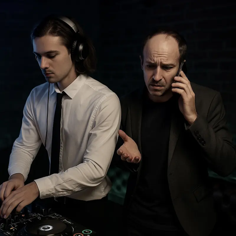 Gestresster Veranstalter telefoniert, während unsicherer Ersatz-DJ am Mischpult steht im dunklen Studio