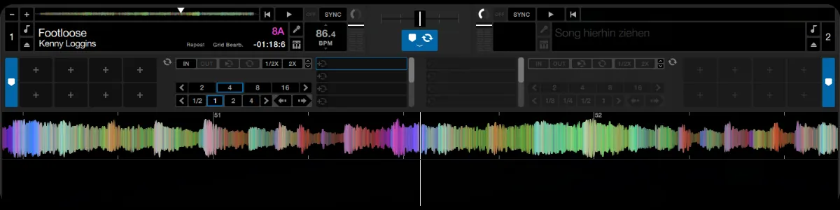 DJ-Software-Interface mit Waveformen, BPM-Anzeige (86.4), Camelot-Key (8A) und Song-Informationen