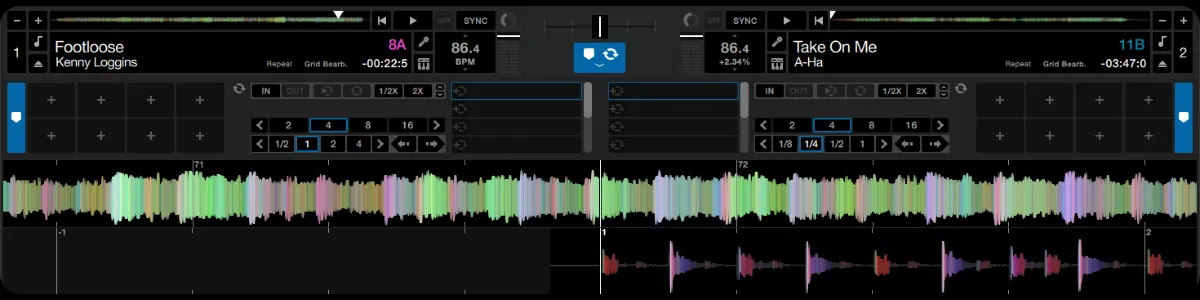 DJ-Mixing-Software zeigt zwei Songs im Vergleich: Kenny Loggins Footloose (8A, 86,4 BPM) und a-ha Take On Me (11B, 86,4 BPM)
