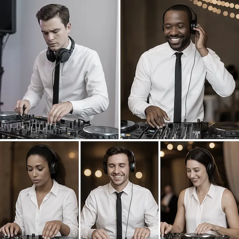 Fünf DJs in weißen Hemden beim Mixing mit unterschiedlicher Konzentration und Ausstrahlung