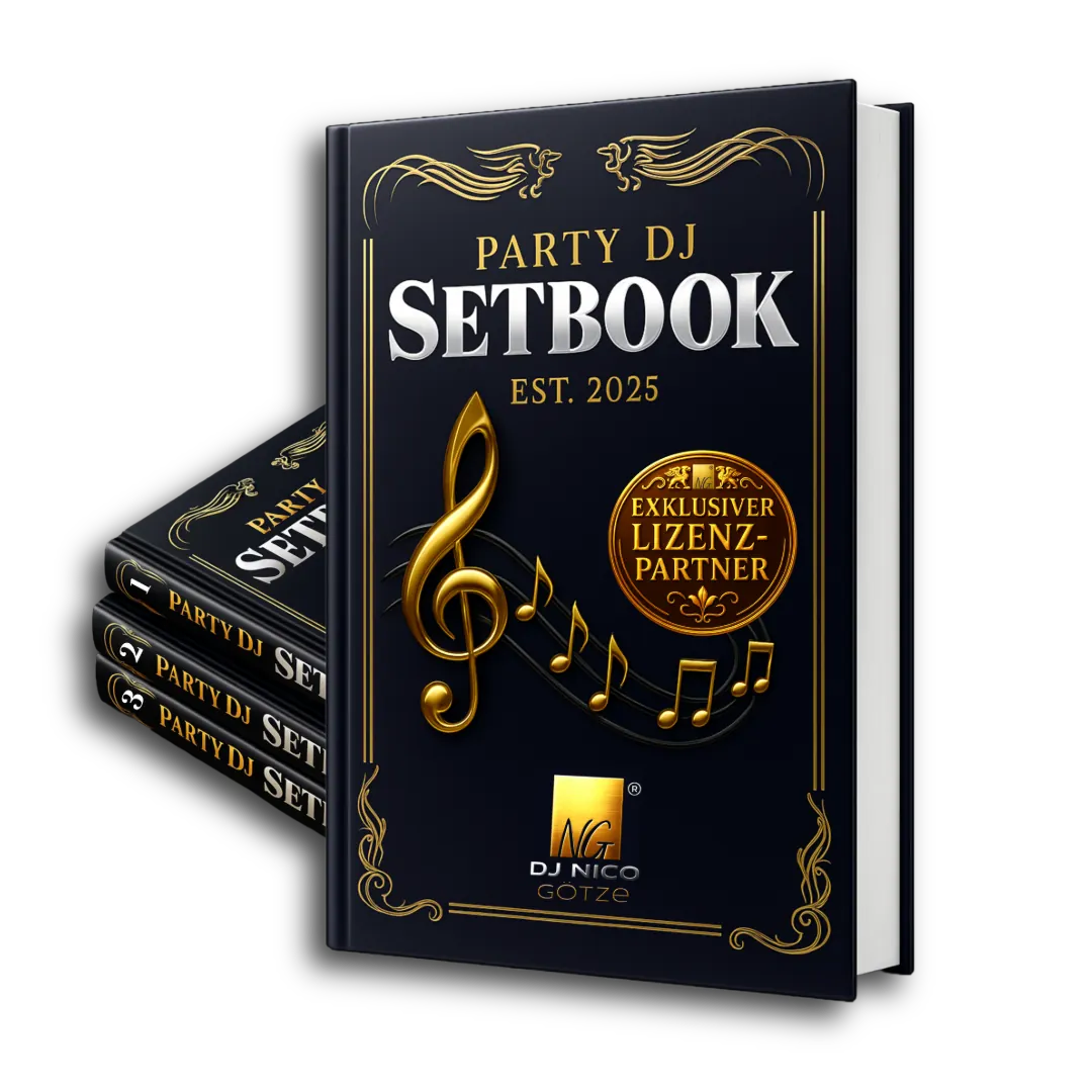 Party DJ Setbook Cover mit goldenem Musiknoten-Design, Camelot-Wheel-Symbol und Exclusive Lizenz Partner Badge