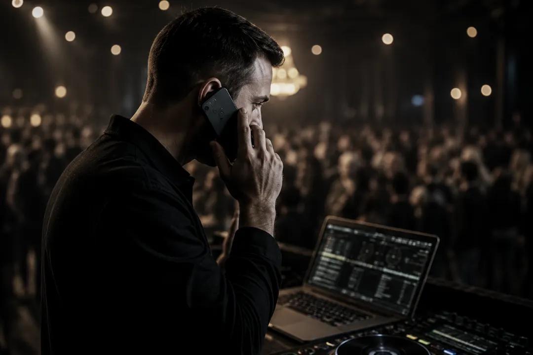 DJ mit Headset telefoniert auf dunkler Bühne mit DJ-Equipment und voller Tanzfläche im Hintergrund