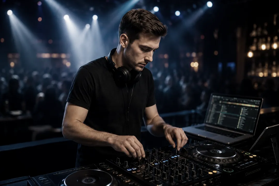 Junger DJ auf dunkler Bühne mit Laptop und DJ-Equipment, konzentriert beim Mixing vor Publikum