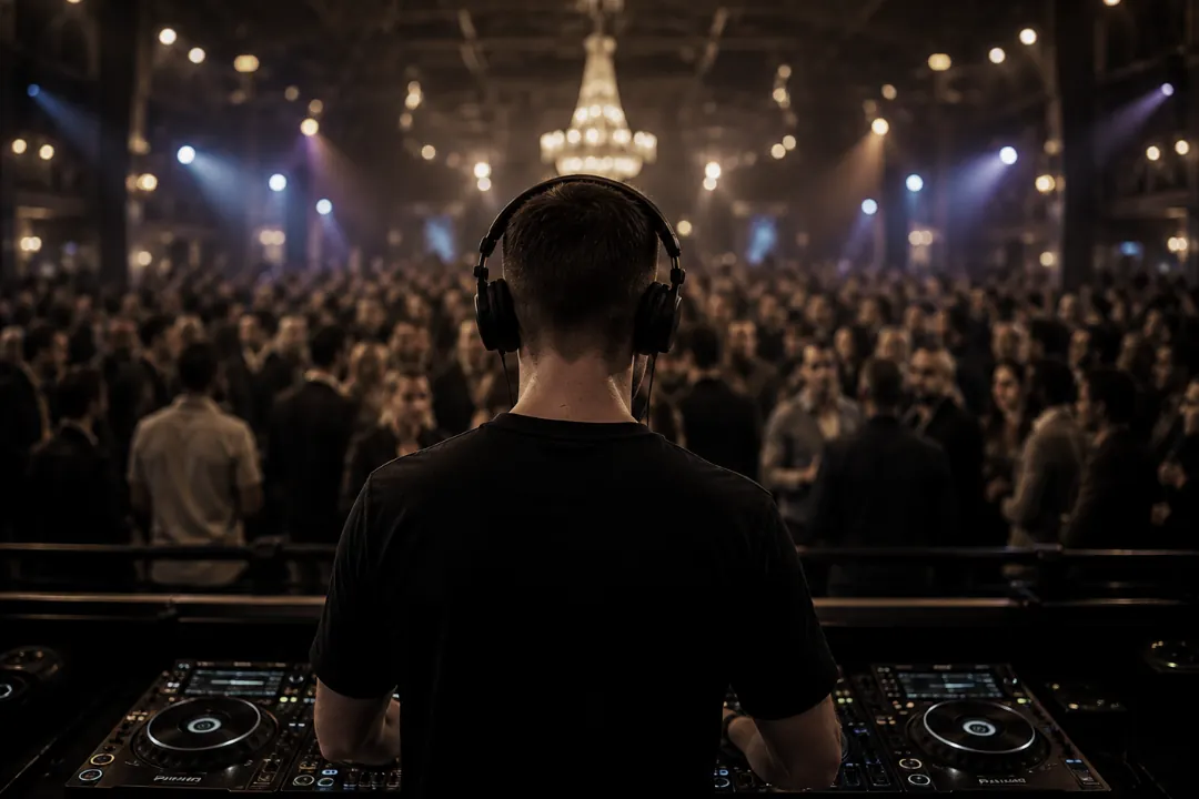 DJ von hinten beim Mixing auf großer Bühne mit voller, tanzender Menschenmenge und Bühnenbeleuchtung