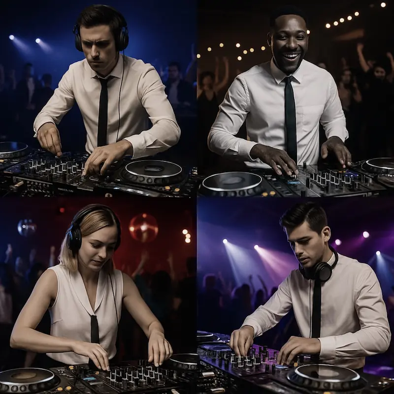 Vier professionelle DJs beim Auflegen an Mischpulten mit konzentriertem und entspanntem Gesichtsausdruck
