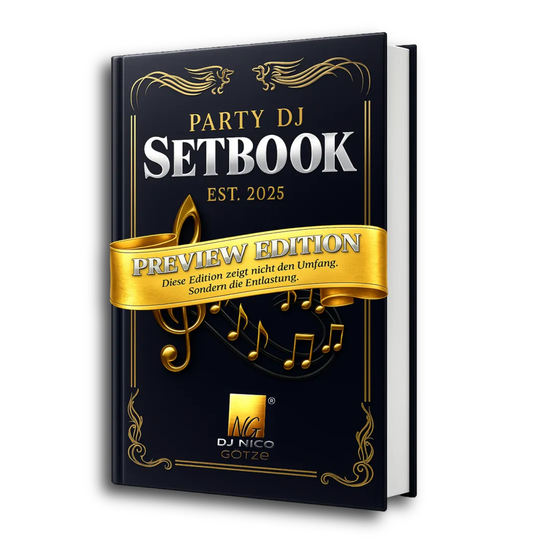 Party DJ Setbook Preview Edition Buchcover mit goldenem Musiknoten-Design und schwarzem Einband