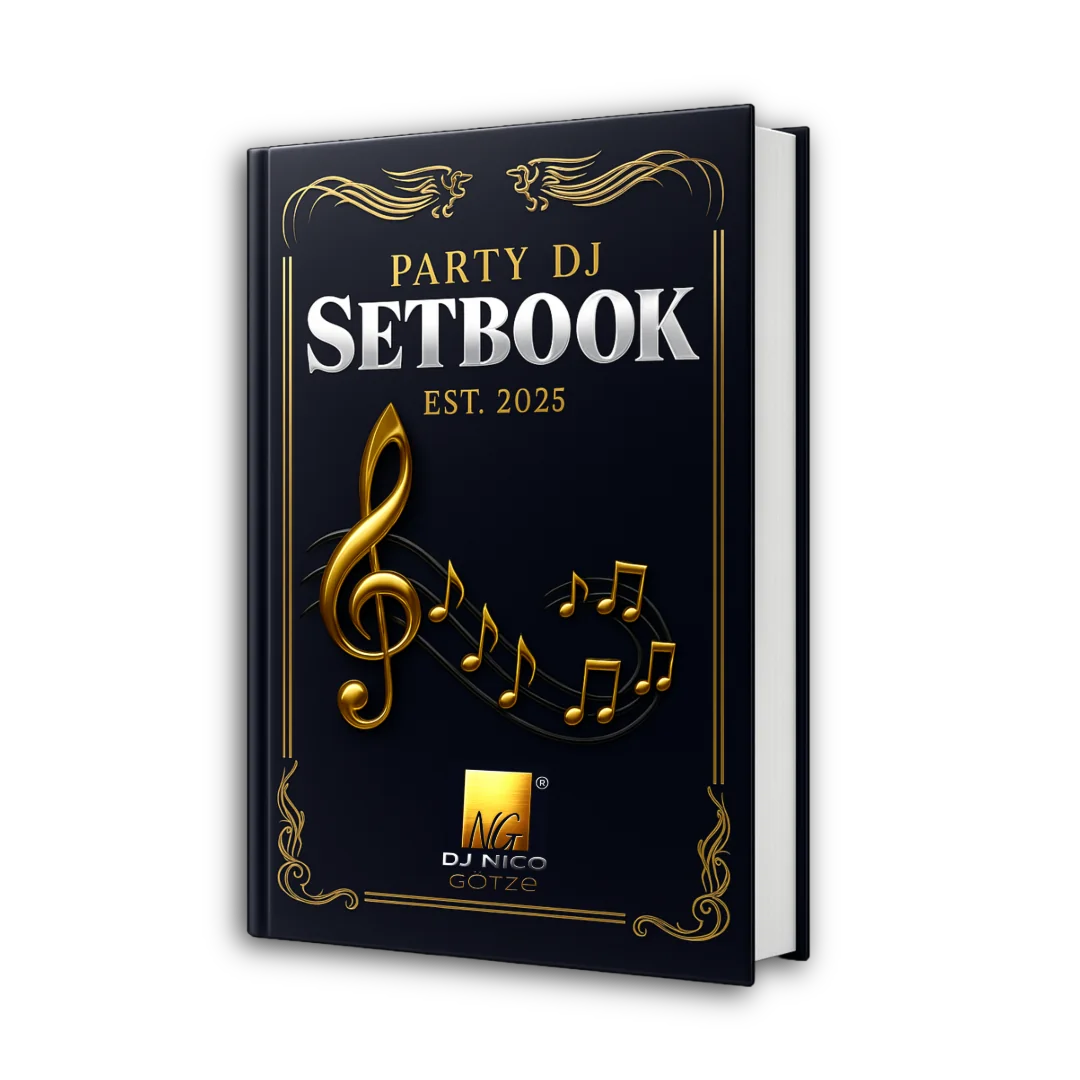 Party DJ Setbook Cover dunkelblau mit goldenen Ornamenten, Musiknoten und EST. 2025 Logo