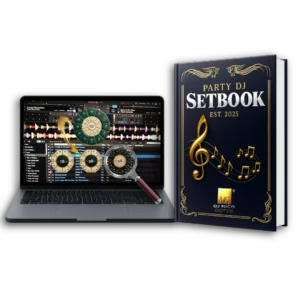 Party DJ Setbook Cover mit Laptop-Setup zeigt DJ-Software und das elegant gestaltete Nachschlagewerk