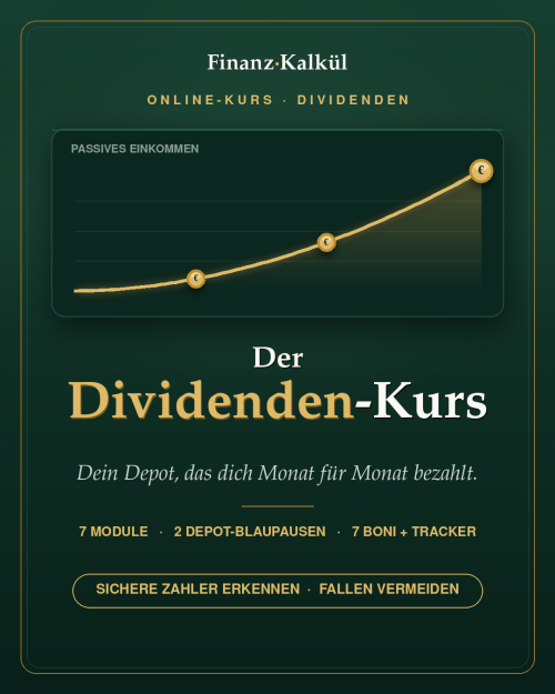 Cover des Dividenden-Kurs mit dunkelgrünem Hintergrund, goldener Wachstumskurve und Produktbeschreibung