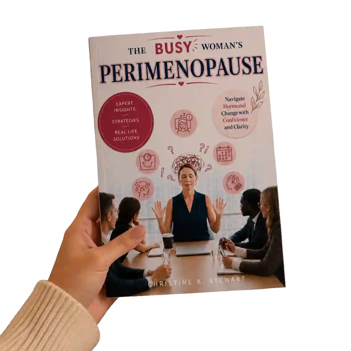 Taschenbuch-Cover The Busy Woman's Perimenopause in Hand mit Icons und Frau in Besprechung