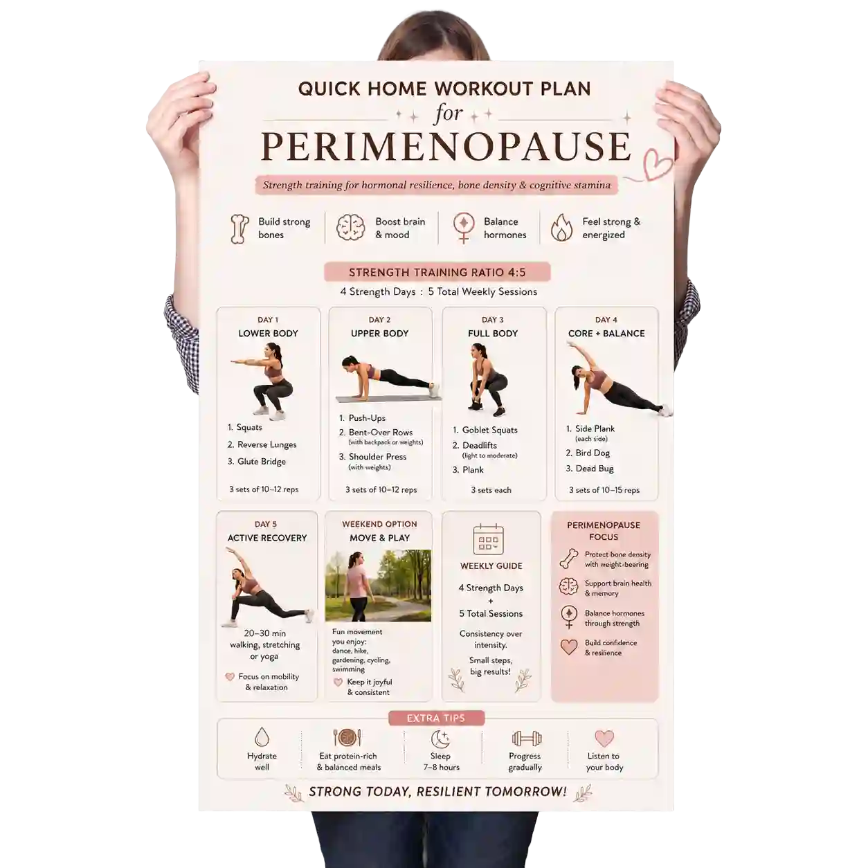 Frau hält Quick Home Workout Plan mit Strength-Training-Übungen für Perimenopause